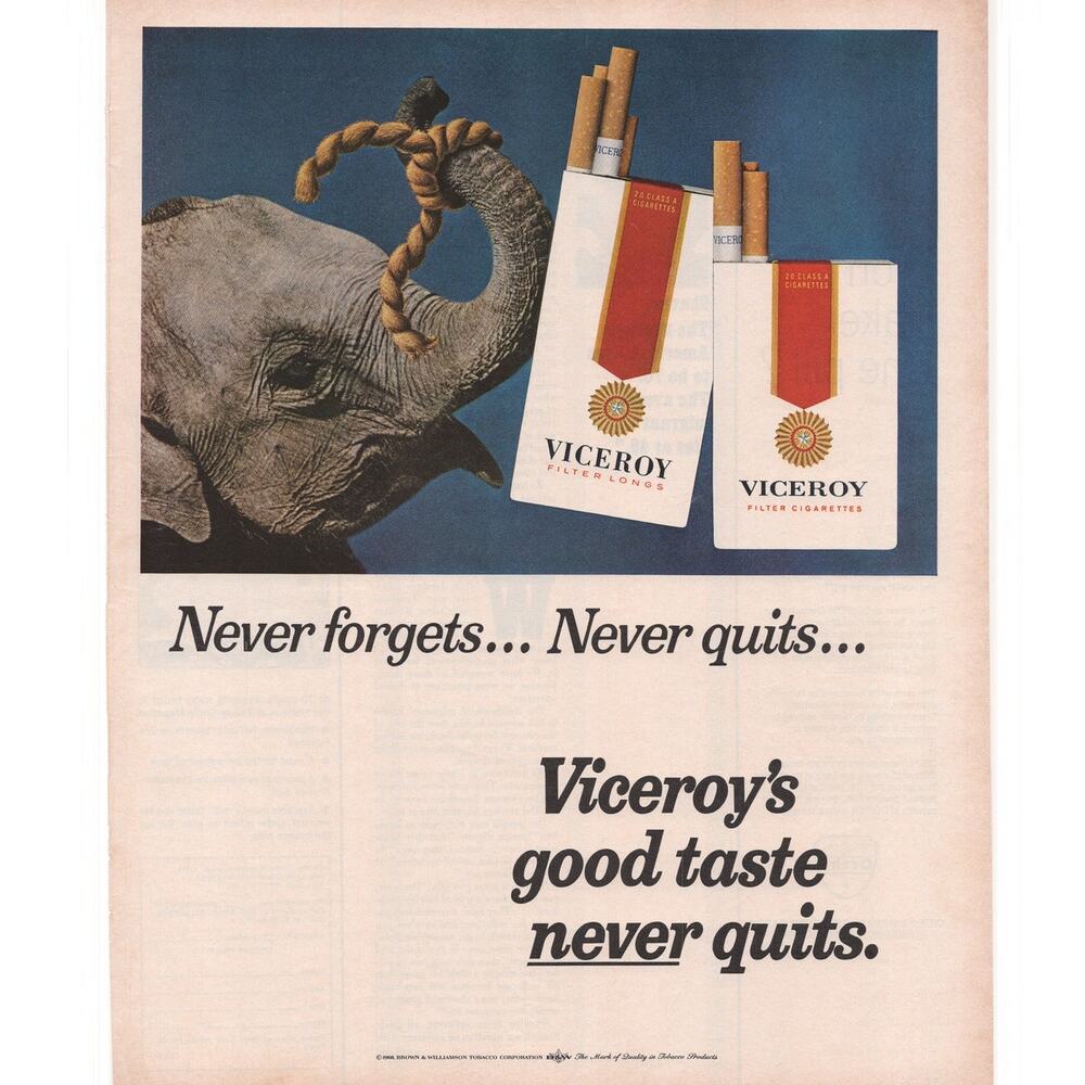 Viceroy Cigarette Magazine Advertisement 1968 Vintage Tobacciana Elephant Forget